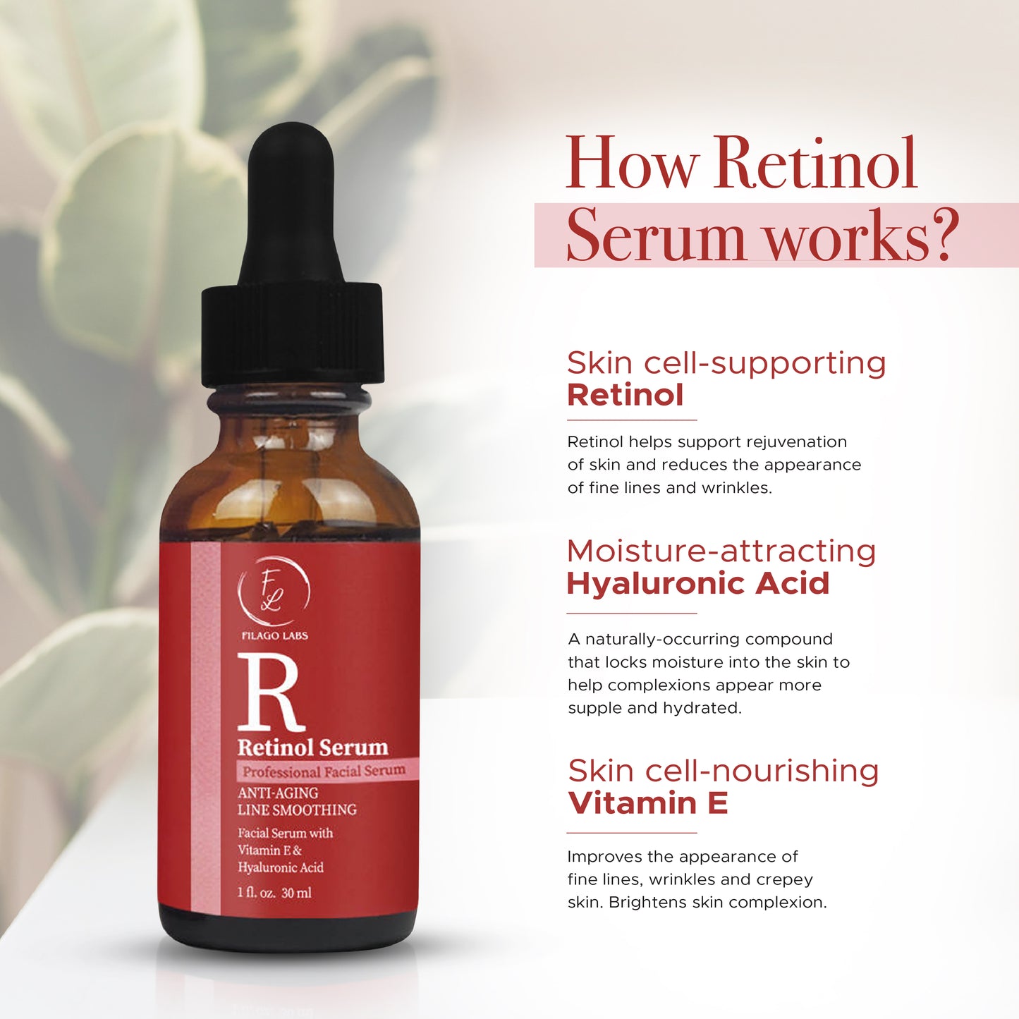 Retinol Serum for Face, – Anti Aging Facial Serum with Retinol, Hyaluronic Acid, Vitamin E, & More – Brightening Serum made to improve Dark Spots, Skin Tone, Fine Lines & Wrinkles, 1 Fl Oz